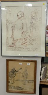 Two Piece Group of Satirical Illustrations, to include a Rollin Kirby "Greeting that Sturdy Patriot", charcoal on paper, signed, titled, inscribed, an