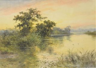 Hugo Anton Fisher (Czech/American, 1854 - 1916), sunset in the reeds, watercolor and gouache on paper, signed lower right "Hugo A. Fisher", sight size