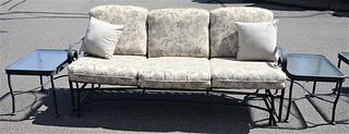Three Piece Outdoor Lot, to include three cushion sofa/glider, along with a pair of side tables, sofa length 73 inches.
