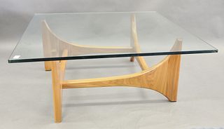 Custom Adrian Pearsall Style Walnut Coffee Table, having glass top, height 19 1/4 inches, top 47" x 47".
