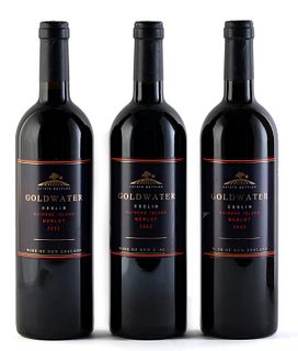 Three Goldwater Esslin bottles, vintage 2002.
Goldwater Estate Limited.
Category: Merlot red wine. Putiki Bay, Waihake Island (New Zealand).