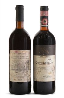 Set of two bottles, one from Castello Di Ama, Vigneto Bellavista, vintage 1985 and a Chionetti Briccolero, vintage 1988.
Category: red wine Sangiovese