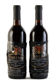 Two Carema bottles, black label, vintage 1982.
Category: red wine. Carema D.O.C.. Ivrea, Piedmont (Italy).