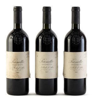 Three bottles of Prunotto Occhetti, vintage 1987.
Category: red wine. Nebbiolo d´Alba D.O.C., Piedmont (Italy).