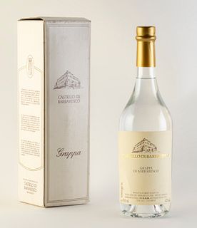 A bottle of Grappa Castello Di Barbaresco.
Category: Grappa, dessert wine. Barbaresco, Piedmont (Italy).