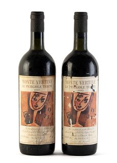 Two Monte Vertine Le Pergole Torte bottles, vintage 1985.
Label illustrated by Alberto Manfredi, with edition limited to 3450.
Category: red wine. DOC