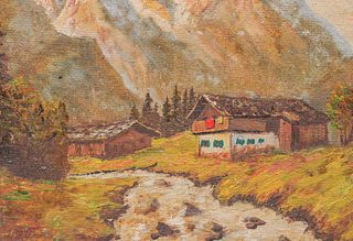 Old Mountain Cabin Painting on Board c1940s