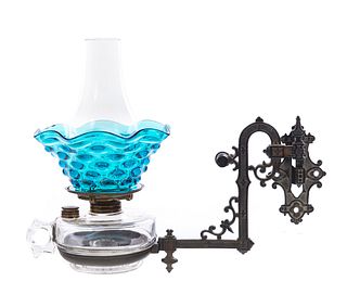 Antique Cast Iron Wall Sconce with Font and Blue Thumbprint Shade