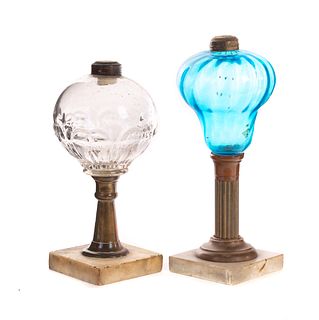 Pair Early American Pressed and Art Glass Oil Lamps
