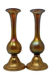 Pair Steuben Gold Aurene Vases W/ Silvercrest Bases