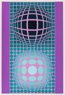 Vasarely, Victor Oltar-Zoeld. 1986. Farbserigraphie auf chamoisfarbenem Papier. 94,9 x 64 cm (106,5 x 74 cm). Signiert und bezeichnet als "e.A. 3". Ve