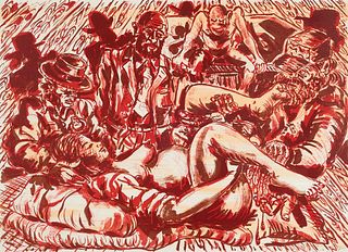 Immendorff, Jörg Die Geburt des Malers. 1992. Lithographie in Rot und Gelb auf Büttenkarton. 55 x 76 cm (57 x 76 cm). Signiert, datiert und als "E.A."
