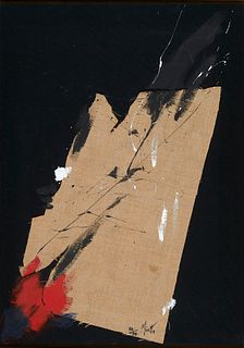 Miotte, Jean Eclatement d'une grenade. 1990. Mischtechnik aus Collage mit Jute und Farbe auf schwarzer, leinwandbezogener Platte. Von Hand gehöht. 78 