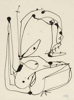 Saura, Antonio o.T. 1975. Tusche auf Papier. 48 x 36 cm (Passepartoutausschnitt). Signiert und datiert. - Unter Passepartout und Glas gerahmt (ungeöff