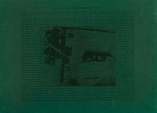 Polke, Sigmar In der Oper (Entscheidung der Frage, ob den Schwämmen Bewußtsein zukommt). 1973. Offset auf grünem Velourspapier. 37 x 44 cm (45,5 x 62,