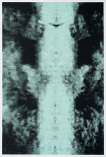 Polke, Sigmar o.T. (Spiegelungen I). 1992. Serigraphie in Türkis und Schwarz auf Papier. 55 x 36 cm (76 x 58 cm). Signiert und datiert in Kugelschreib