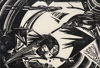 Graf, Gottfried Jagd. (1916). Holzschnitt auf Japan. 22,5 x 30 cm (35 x 41,8 cm). Signiert. Verso im Unterrand mit Bleistift-Annotation von weiterer H