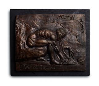 Paolozzi, Eduardo Newton After Blake. 1990er Jahre. Bronzerelief, fest auf Holzunterlage montiert. 18,5 x 22,5 cm x 2,5 cm. - Mit eingeritzter Signatu
