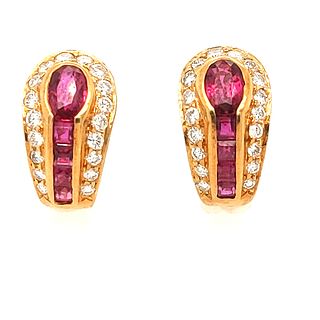 18K Yellow Gold Ruby and Diamond Earrings
