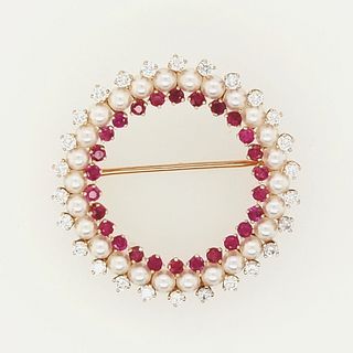 14K Yellow Gold Pearl and Ruby Pin