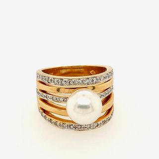 14K Yellow Gold Pearl and Diamond Ring