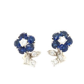 Platinum Sapphire and Diamond Flower Earrings