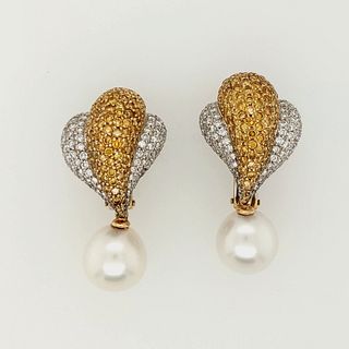 18K Yellow Gold South Sea Pearl and Diamond Earrings