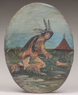 Folk Art Native American Painting on Tin 19th Century