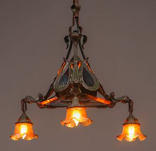 Art Nouveau Hammered Copper & Quezal Chandelier c1910