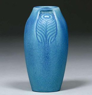 Rookwood Matte Blue Peacock Feather Vase 1917