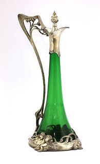 An Art Nouveau WMF silver-plated and green glass claret jug and stopper,