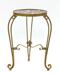 A French wrought iron and marble side table,