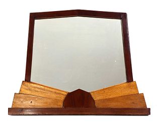 An Art Deco teak and mahogany overmantel mirror,