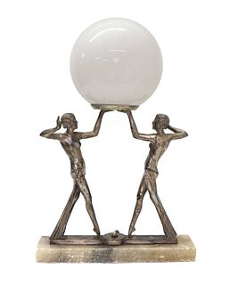 An Art Deco spelter figural table lamp,
