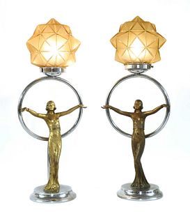 A pair of Art Deco cold-painted composition table lamps,