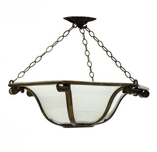 An Art Deco bronze and frosted glass plafonnier,