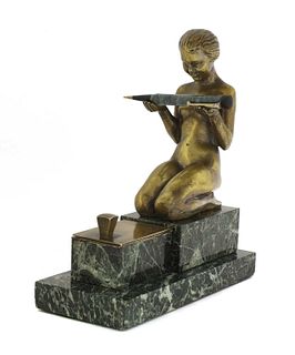 An Art Deco patinated bronze and marble inkwell,