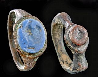 Pair of Roman Leaded Bronze Rings w/ Lapis Intaglio