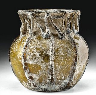Large Roman Glass Jar w/ Yellow Hue & Rigaree