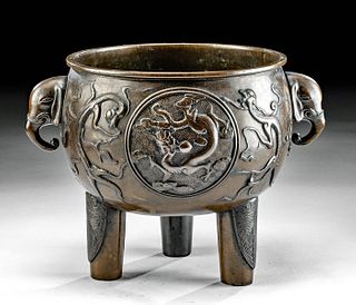19th C. Chinese Qing Brass Tripod Censer w/ Dragons