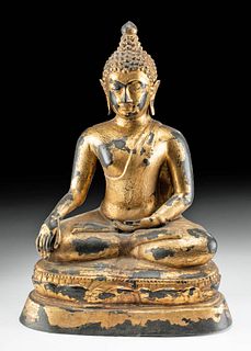 18th C. Thai Gilded Brass Seated Buddha, ex-Museum 