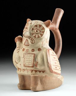 Moche Bichrome Owl Warrior Stirrup TL'd, ex-Museum