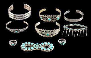 20th C. Navajo Silver, Brass, Turquoise Jewelry (9 Pcs)