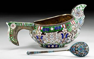 19th C. Russian Cloisonne Kovsh and Spoon