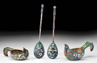 Two 19th C. Russian Enameled Silver Kovshes & 2 Spoons