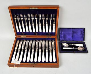 Two Cased English MOP Silver Plated Cutlery Sets