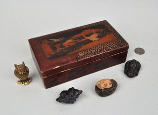 Four Japanese Carved Netsuke/Lacquer Box