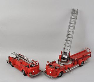 Two Red Painted Toy Fire Trucks