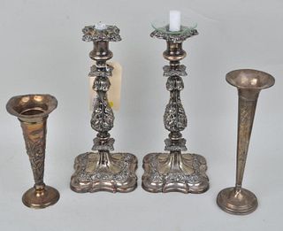 Pair S/P Candlesticks, Two Weighted Sterling Vases