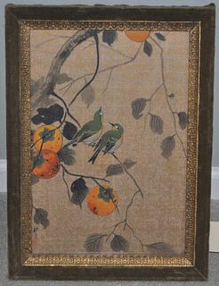 Chinese Painting On Fabric, Birds On Orange Branch